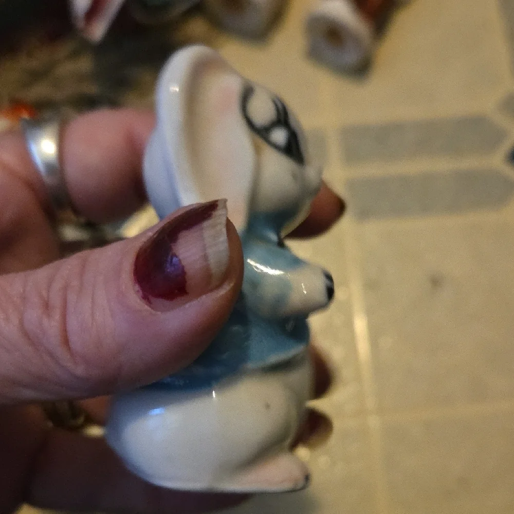 Ceramic Bunny Figurines - Blue and White Anthropomorphic Salt An Pepper Shakers